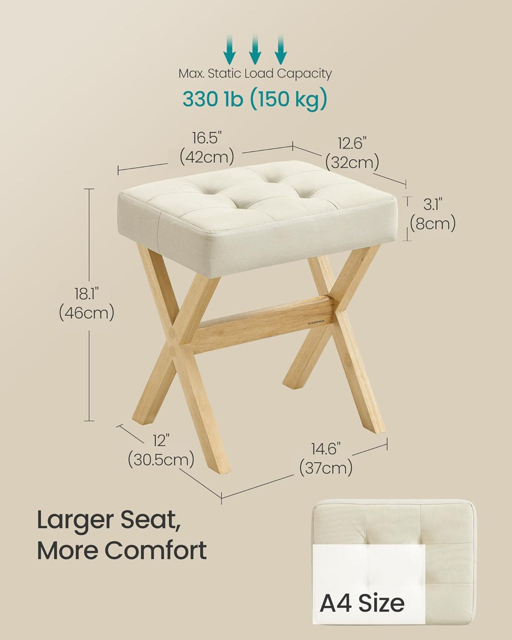 SONGMICS Makeup Stool, Padded Vanity Stool, Foot Rest, Solid Wood X Legs, for Bedroom, Closet, Entryway, 12.6 x 16.5 x 18.1 Inches, Summer Sand and Natural Beige ULSF006LF02