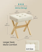 SONGMICS Makeup Stool, Padded Vanity Stool, Foot Rest, Solid Wood X Legs, for Bedroom, Closet, Entryway, 12.6 x 16.5 x 18.1 Inches, Summer Sand and Natural Beige ULSF006LF02
