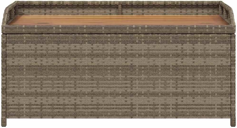 Poly Rattan Storage Bench with Acacia Wood Frame, Grey and Brown Outdoor Seating with Gas Spring Lid, Water-Resistant Patio Storage for Cushions and Tools