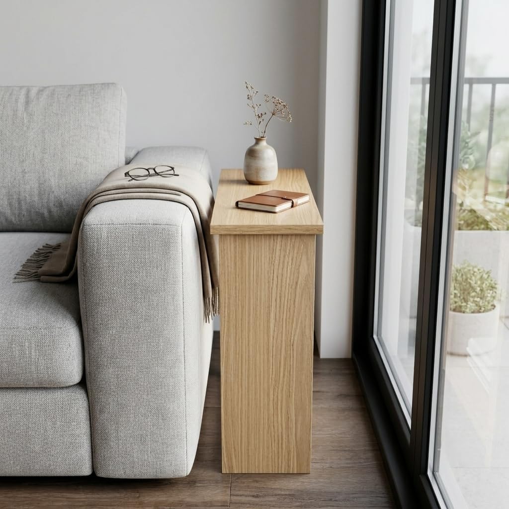 Narrow Side Table for Living Room, Slim End Table for Small Spaces Between Couch, Recliner or Armchair, 2 Tier Skinny Table with Open Shelf, Engineered Wood Sofa Beverage Thin Stand (Natural)