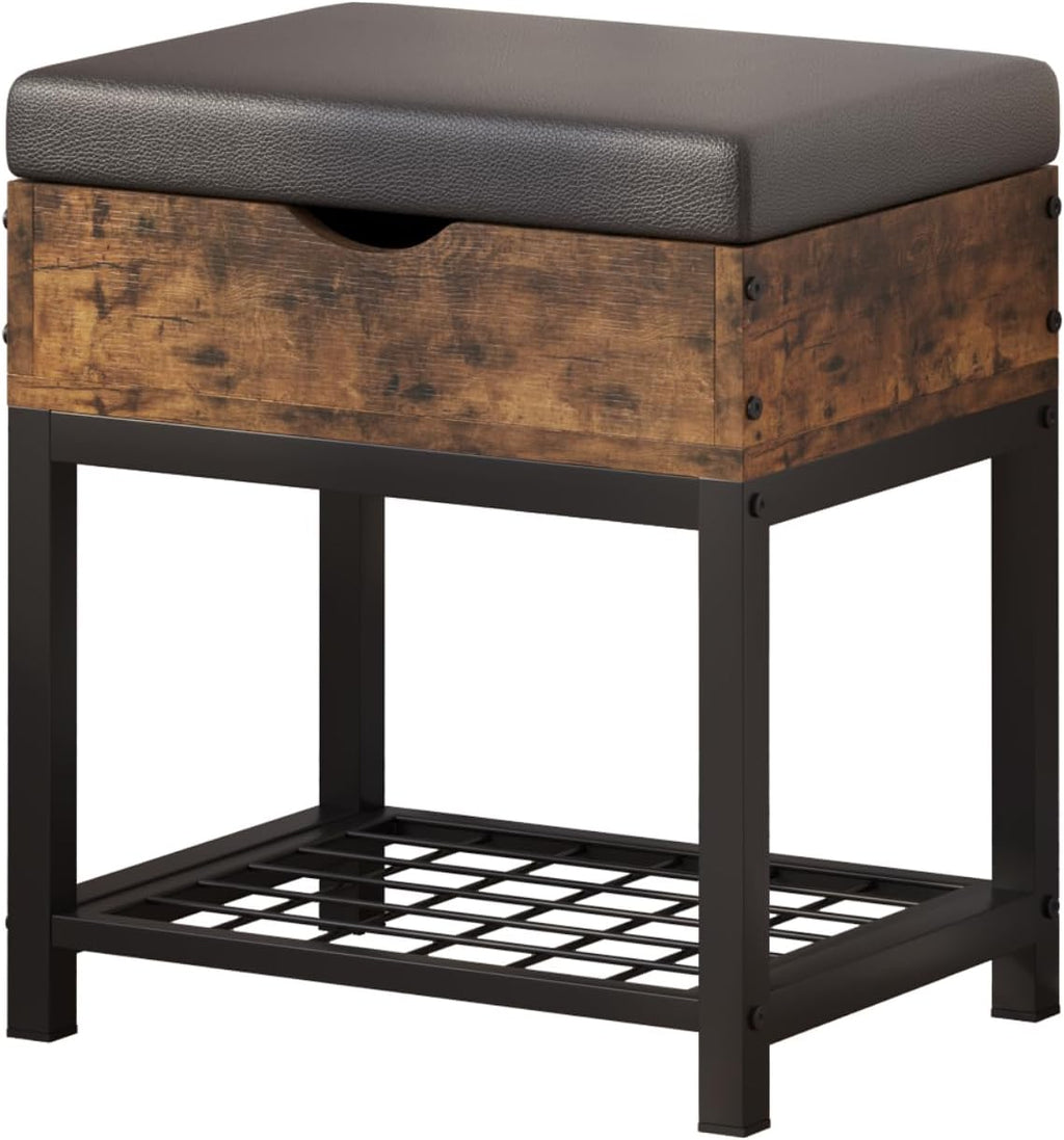 Small Shoe Storage Bench with Padded Seat, Vintage Brown Leather Top & Metal Frame Stool, Small Shoe Rack for Kids, Waterproof Durable Hallway Seat