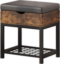 Small Shoe Storage Bench with Padded Seat, Vintage Brown Leather Top & Metal Frame Stool, Small Shoe Rack for Kids, Waterproof Durable Hallway Seat