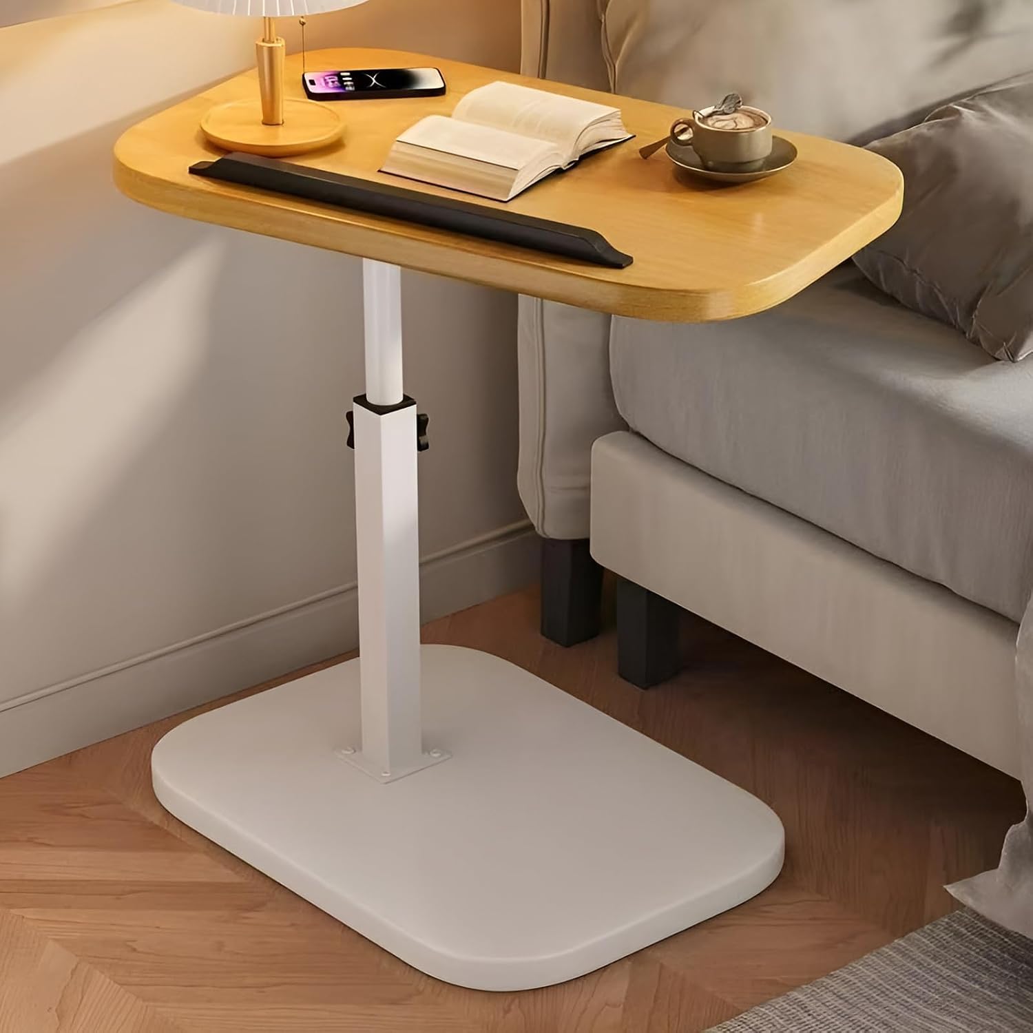 YAYODS Small TV Table Tray Adjustable Height C Table End Table, 360° Swivel Sofa Tray Side Table for Couch, Small Spaces, Living Room and Bedroom (White)