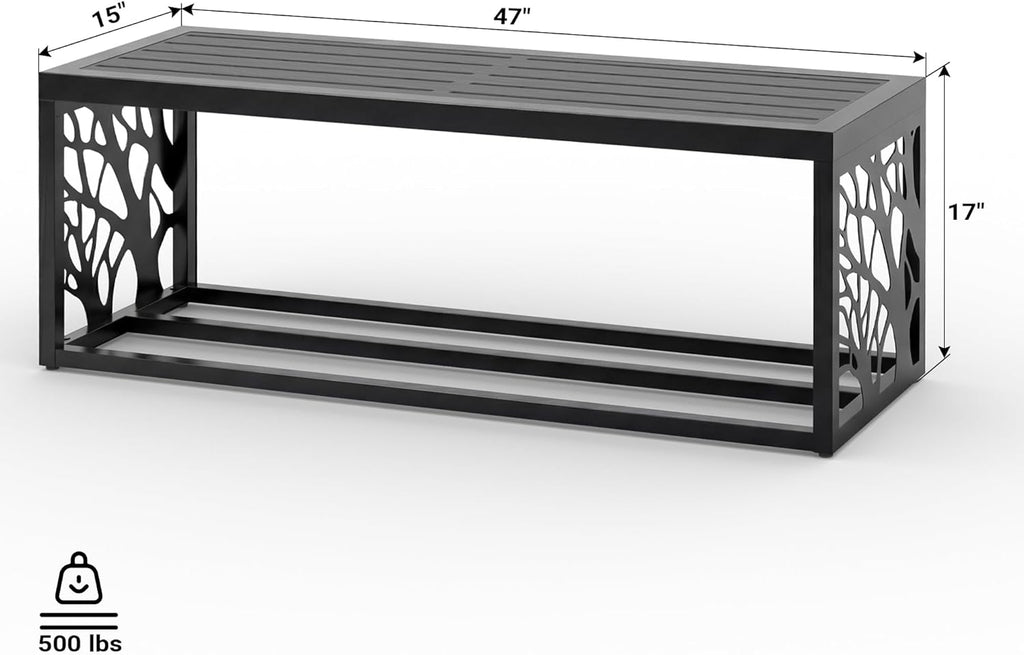 47" Outdoor Garden Bench with Storage Shelf, Modern Black Entryway Bench, Wood-Grain HDPE Seat, Galvanized Steel Frame with Powder Coating for Porch, Yard, Patio, Tree