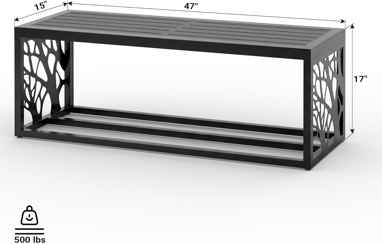 47" Outdoor Garden Bench with Storage Shelf, Modern Black Entryway Bench, Wood-Grain HDPE Seat, Galvanized Steel Frame with Powder Coating for Porch, Yard, Patio, Tree