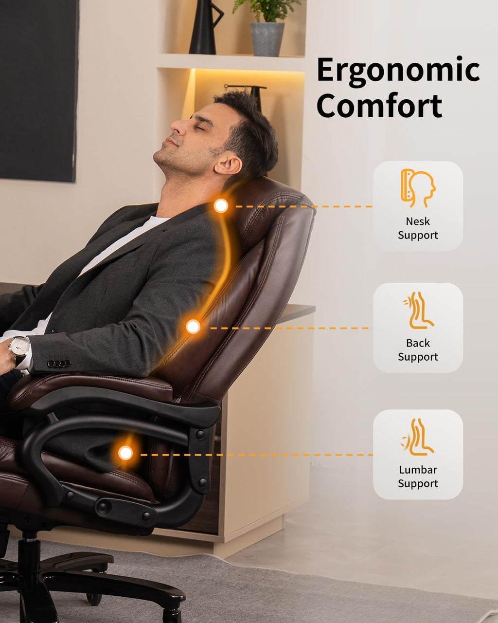 Big and Tall Executive Office Chair with Adjustable Lumbar Support, Extra Wide Seat, Heavy Duty Computer Desk Chair for Long Working Hours, Gaming & Home Office, Quiet Rolling Wheels
