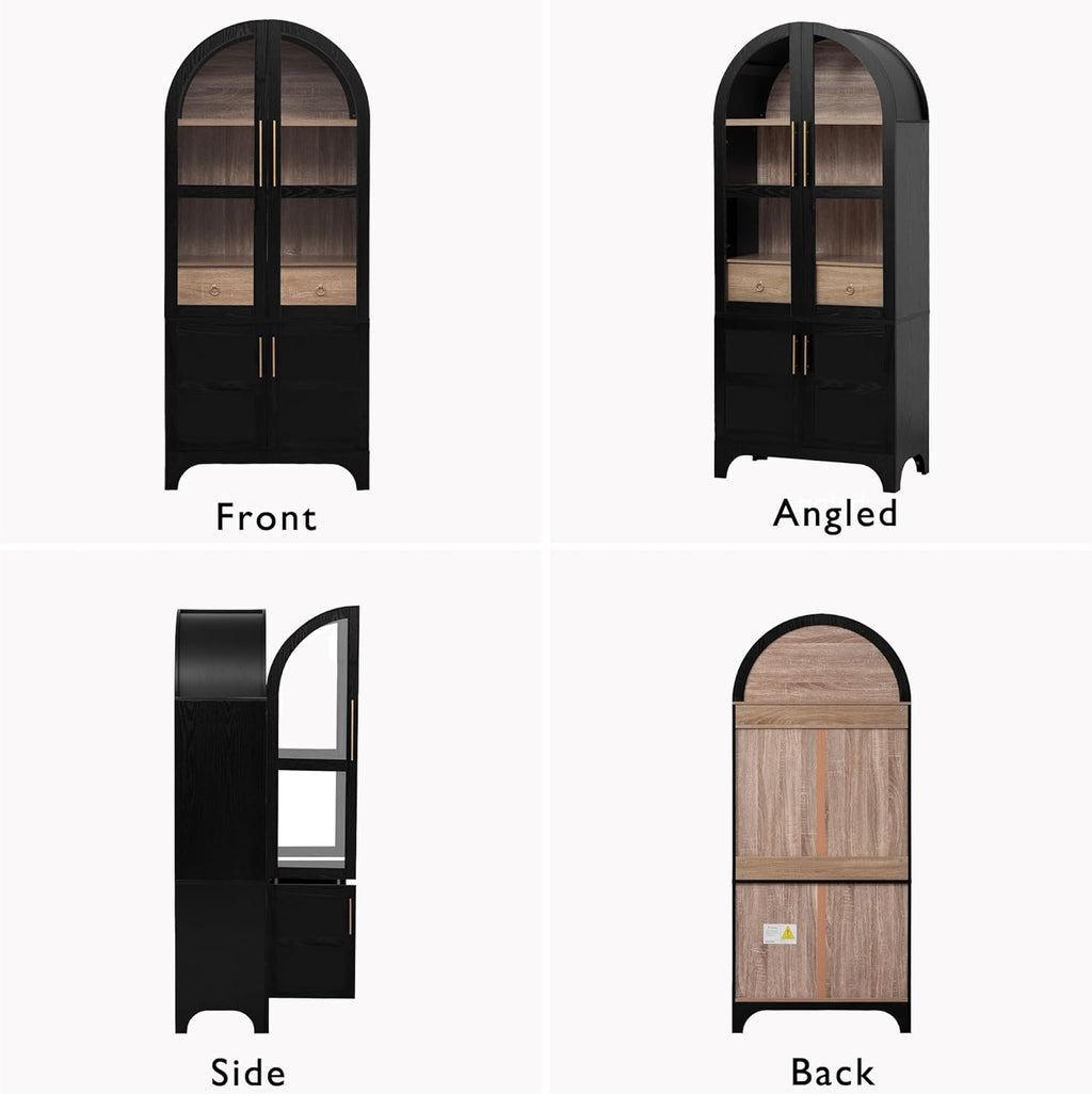 JIJIWANG 71" Tall Arched Kitchen Pantry Cabinet with Doors and Open & Adjustable Shelves, Kitchen Storage Cabine Hidden Drawer & Glass Door, Cupboard for Kitchen, Dining Room, Black