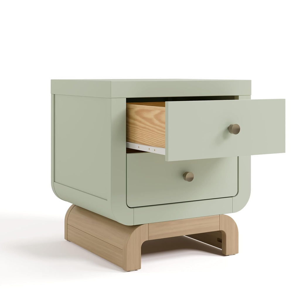 Storkcraft Santorini 2 Drawer Nightstand, Sage & Driftwood | GREENGUARD Gold Certified Nightstand for Kids Bedroom, Premium Wood with Curved Base, “Champagne” Metal Knobs
