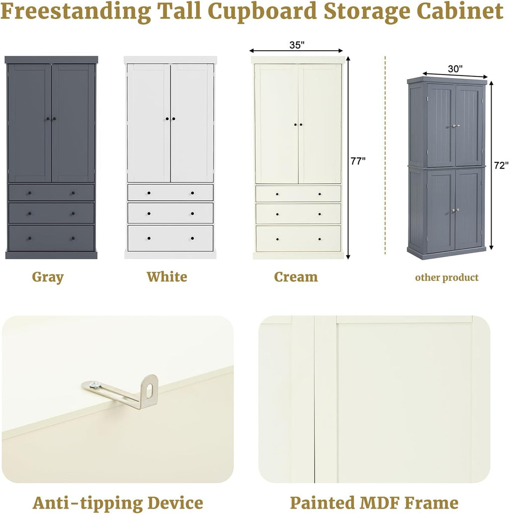 77 Inch High Freestanding Kitchen Sideboard, Farmhouse Sideboard Storage Cabinet with 3 Adjustable Shelves, 8 Door Shelves, 3 Drawers for Kitchen, Living Room and Dining Room (Cream)