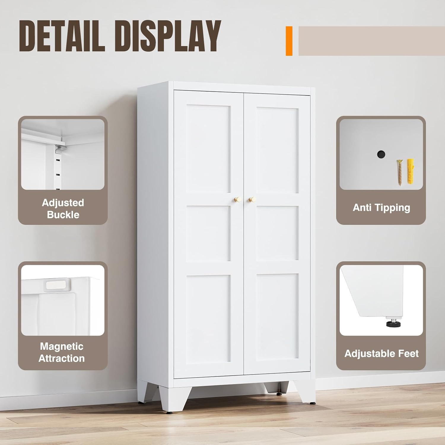 Yizosh Metal Storage Cabinet with Doors and 3 Adjustable Shelves - 47" White Kitchen Pantry Storage Cabinet Locker for Kitchen,Living Room,Dining Room