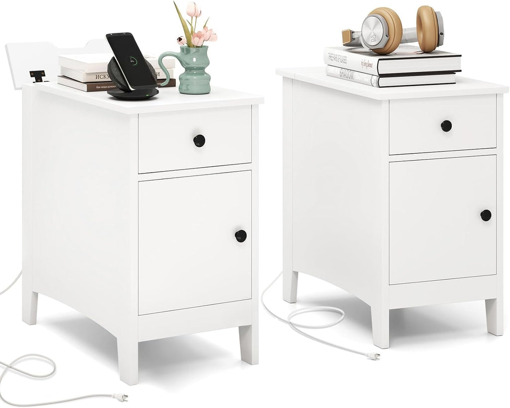 Giantex Night Stand Set 2 with Charging Station, Flip Top End Side Table w/USB Port & Outlets, Modern Bedside Table w/Storage Drawer, Cabinet, Magazine Rack, Narrow Wood Nightstand for Bedroom (White)