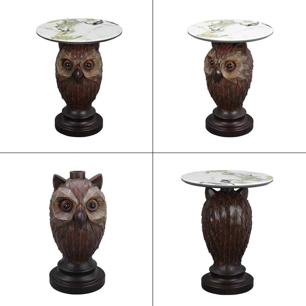 Owl Side Table, Round End Table with Faux Marble Top, Resin Owl Statue Base, Unique Animal Accent Table for Living Room, Bedroom, Nursery, Rustic Brown 22.83“ Tall 17.17" Height