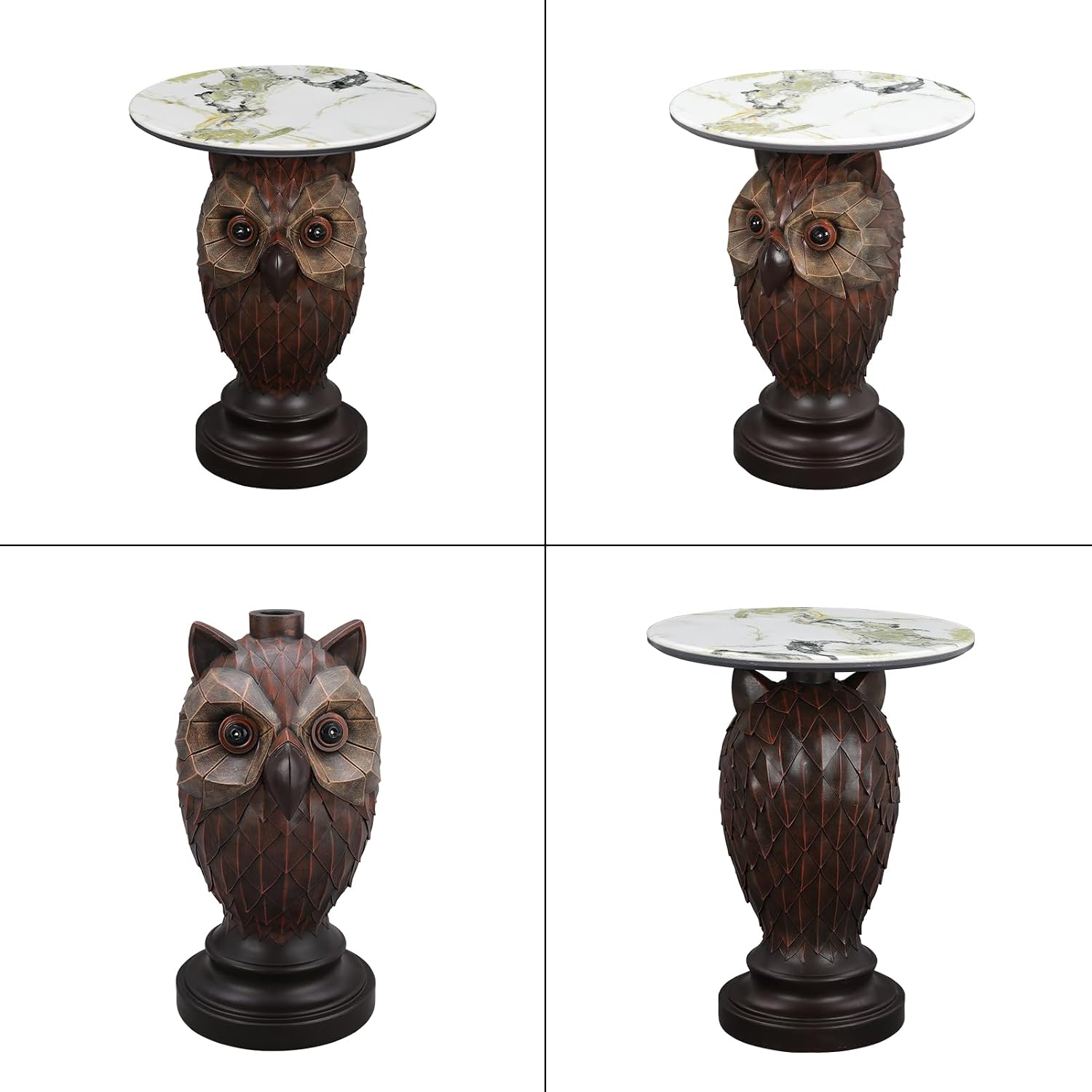 Owl Side Table, Round End Table with Faux Marble Top, Resin Owl Statue Base, Unique Animal Accent Table for Living Room, Bedroom, Nursery, Rustic Brown 22.83“ Tall 17.17" Height