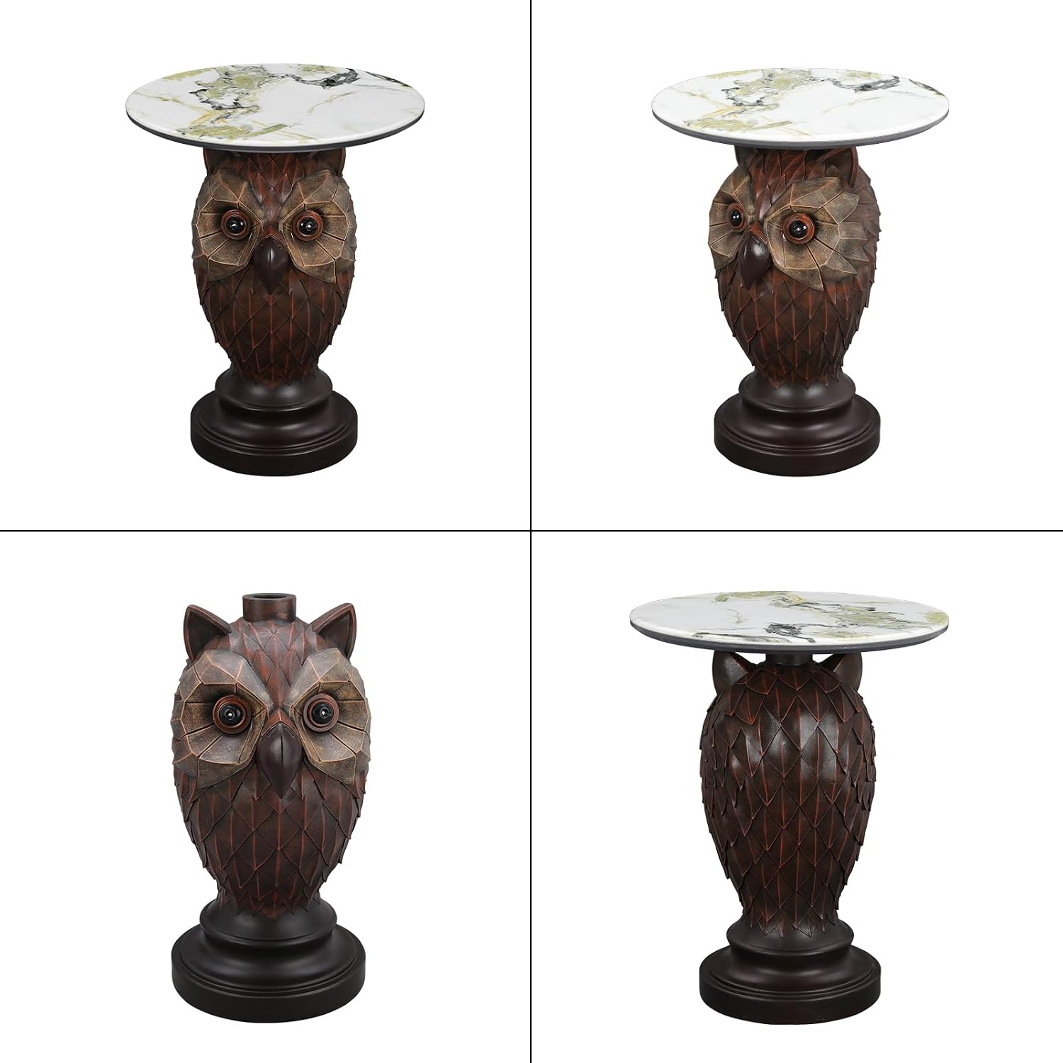 Rustic Brown Owl Accent Table - 22.83" Geometric Owl Sculpture Side Table with 17.72" Round Marble Pattern Top, Decorative Bird Statue Nightstand for Cottage & Lodge Style Interiors, 24.25 LBS