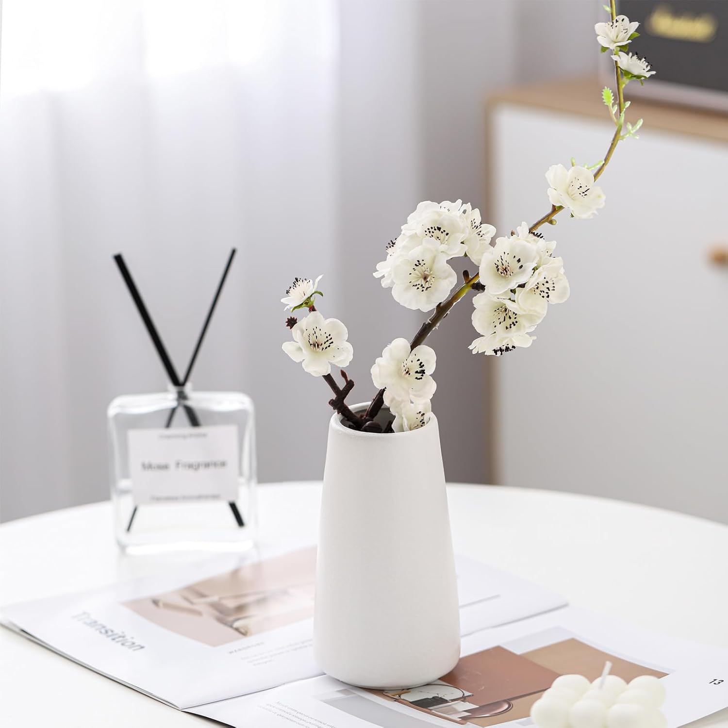 Bright White Vase - 6“ White Ceramic Flower vase, Boho Vases for Pampas Grass, Minimalist Modern vases for Home Decor, Table Shelf Living Room Farmhouse Decor