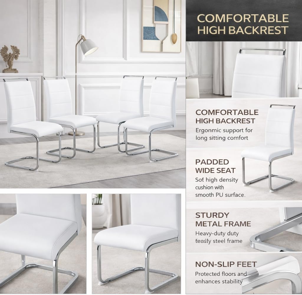 Dining Chairs Set 8, Armless White Kitchen Chairs,Waterproof Faux Leather Dinner Chairs with Upholstered Seat,Armless Side Chairs with Silver Metal Frame for Kitchen Dining Room