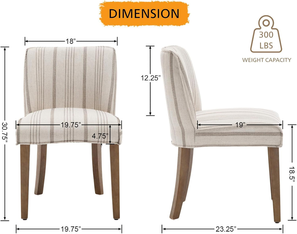 Mid-Century Dining Chairs Set of 4, Linen Fabric Khaki Striped Kitchen Chairs with Walnut Wood Leg Cushioned Back Modern Rustic Side Chairs for Living Room/Kitchen/Dining/Restaurant