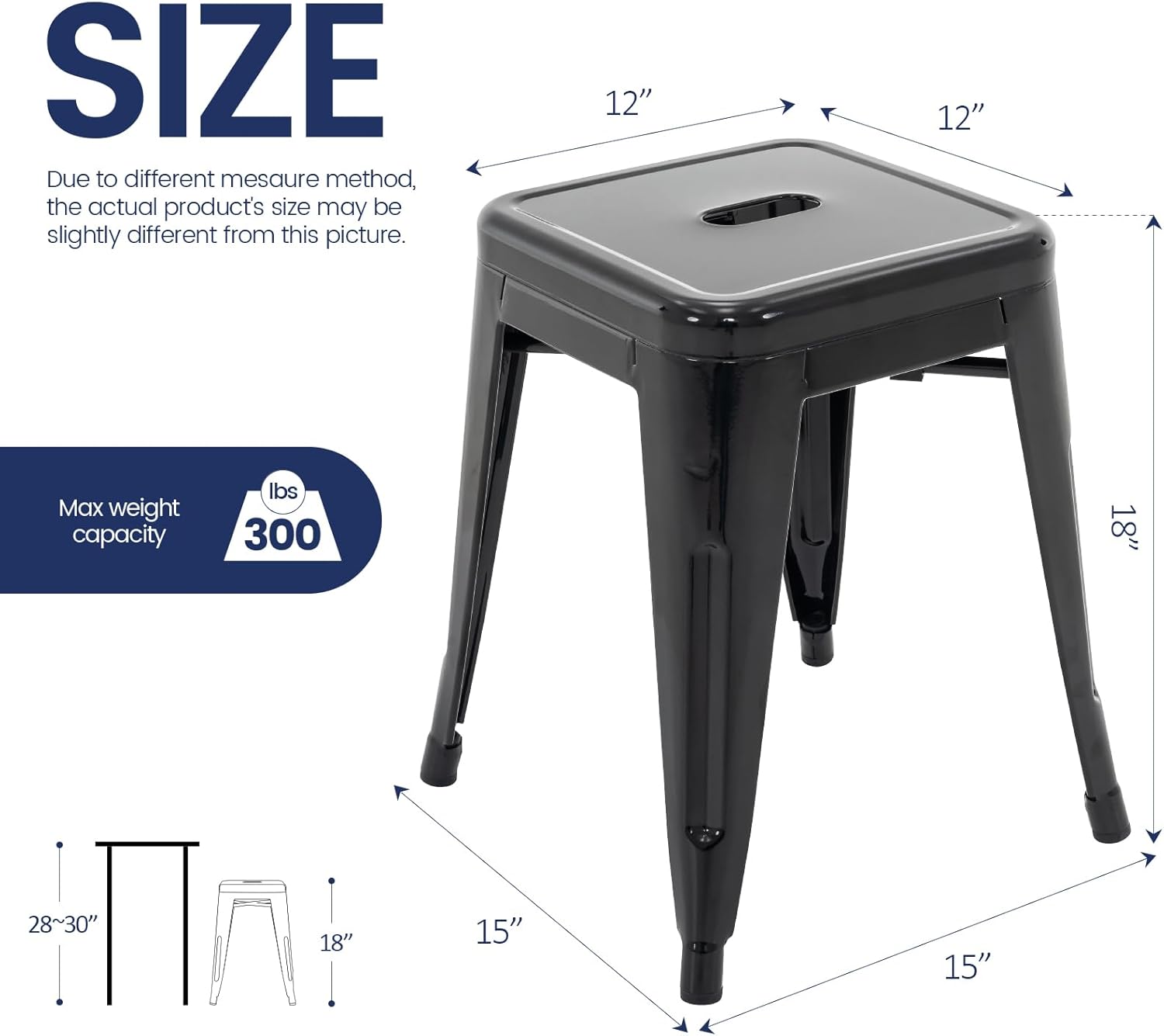 Brage Living 18 Inch Industrial Metal Stools Set of 4, Stackable Classroom Stools, Backless Metal Dining Chairs for Indoor Outdoor, Kitchen Short (Black)