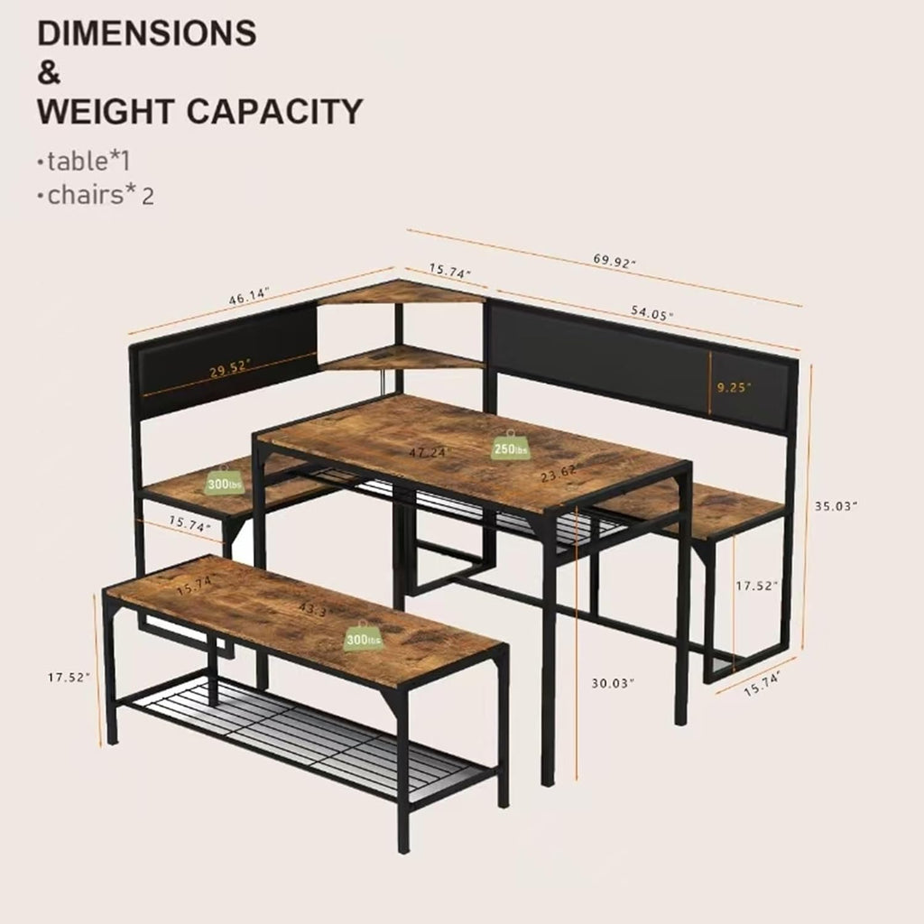 KEIKI 3-Piece Corner Dining Table Set for 4-6, Industrial Kitchen Table and Chair Sets with Storage & Bench, Farmhouse Rectangle Tables & L-shaped Seat for Living Room Breakfast Nook Restaurant, Brown
