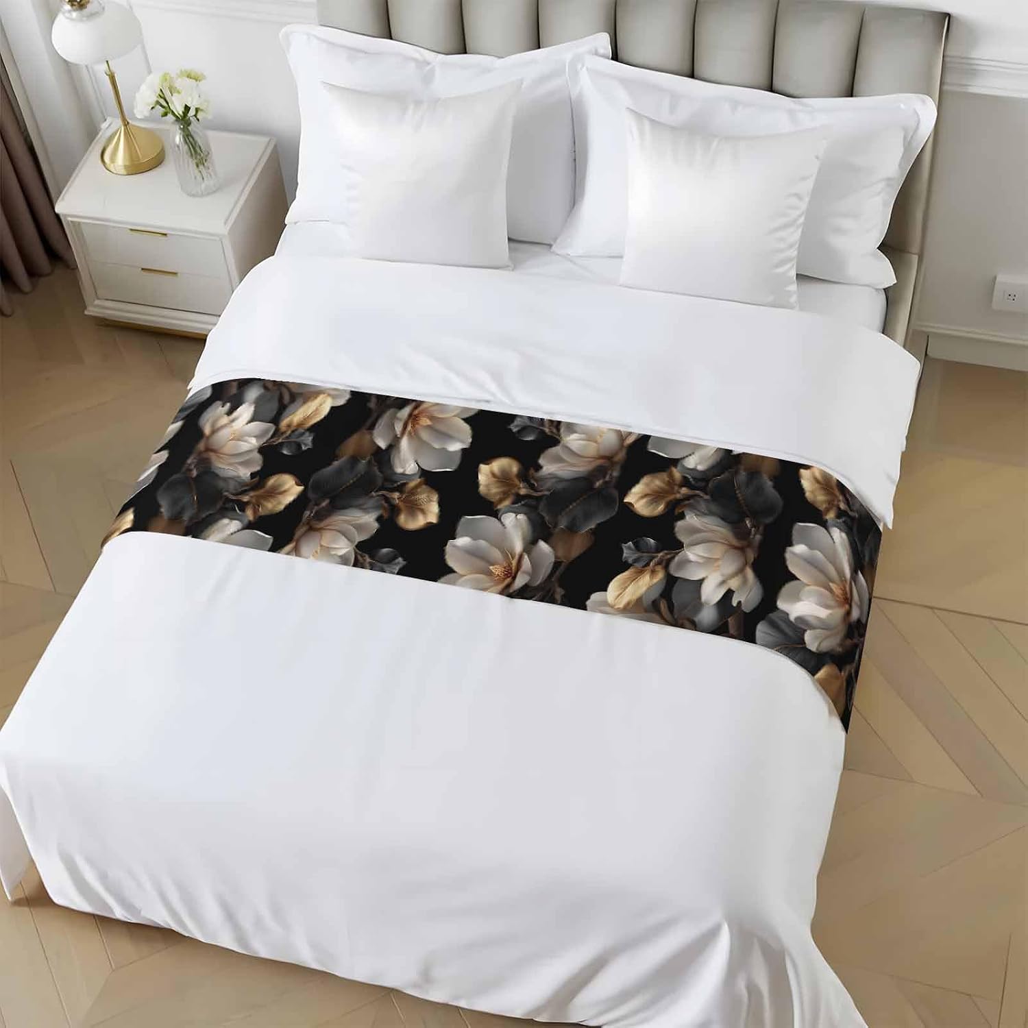 Magnolia Blossoms Bed Runner for King Size Bed, 102"x20" Retro White Floral Black Gold Leaf Branch Luxury Bed Runners & Scarves Decorative Bedding Scarf Protector Slipcover for Home Hotel