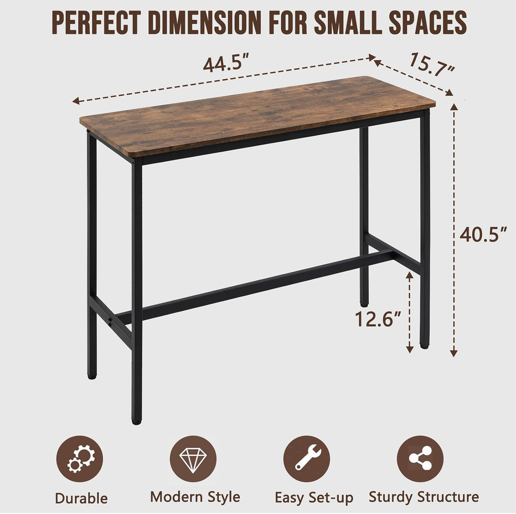 44.5" Bar Table, Pub Table with Adjustable Feet Floor Protector, Narrow Rectangular Kitchen Counter Bar Tables, Sofa High Top Tables with Black Metal Legs, Rustic Brown