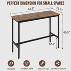 44.5" Bar Table, Pub Table with Adjustable Feet Floor Protector, Narrow Rectangular Kitchen Counter Bar Tables, Sofa High Top Tables with Black Metal Legs, Rustic Brown