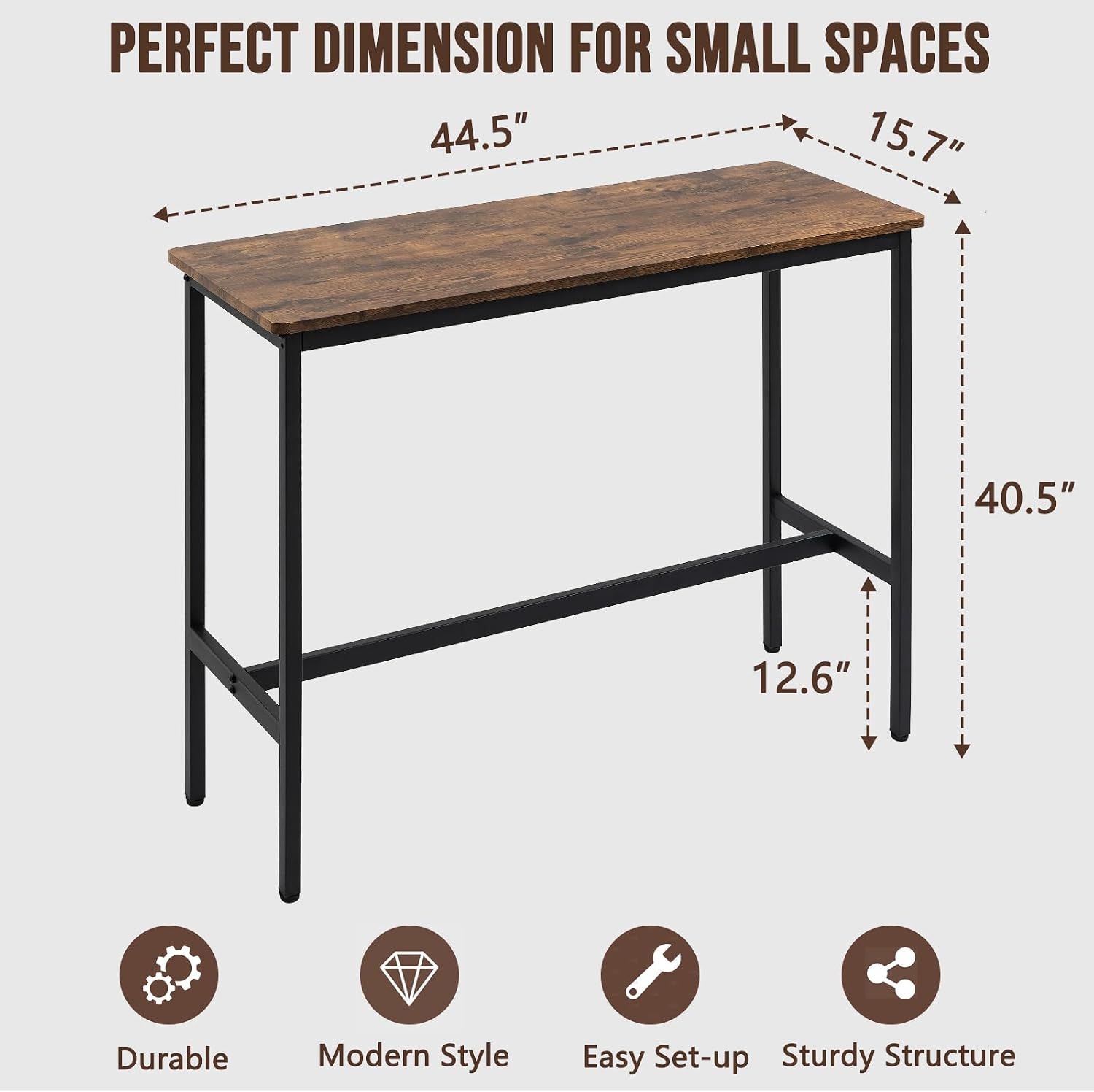 44.5" Bar Table, Pub Table with Adjustable Feet Floor Protector, Narrow Rectangular Kitchen Counter Bar Tables, Sofa High Top Tables with Black Metal Legs, Rustic Brown
