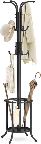 SONGMICS Coat Rack Freestanding Metal Coat Rack Stand with 12 Hooks | Coat Rack with Umbrella Holder, Ink Black, URCR011B01V1
