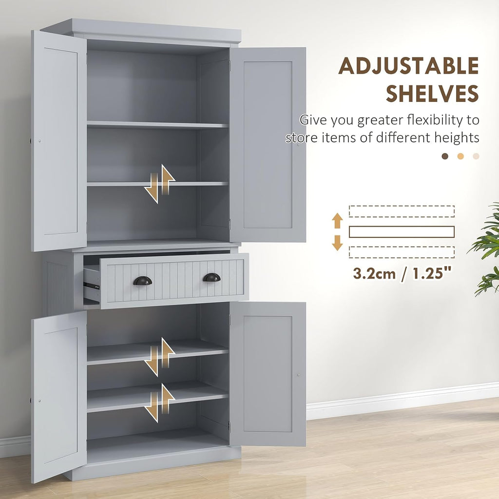 Pantry Storage Cabinet, 72" Traditional Freestanding Cabinet with 4 Doors and 3 Adjustable Shelves, Kitchen Large Central Drawer