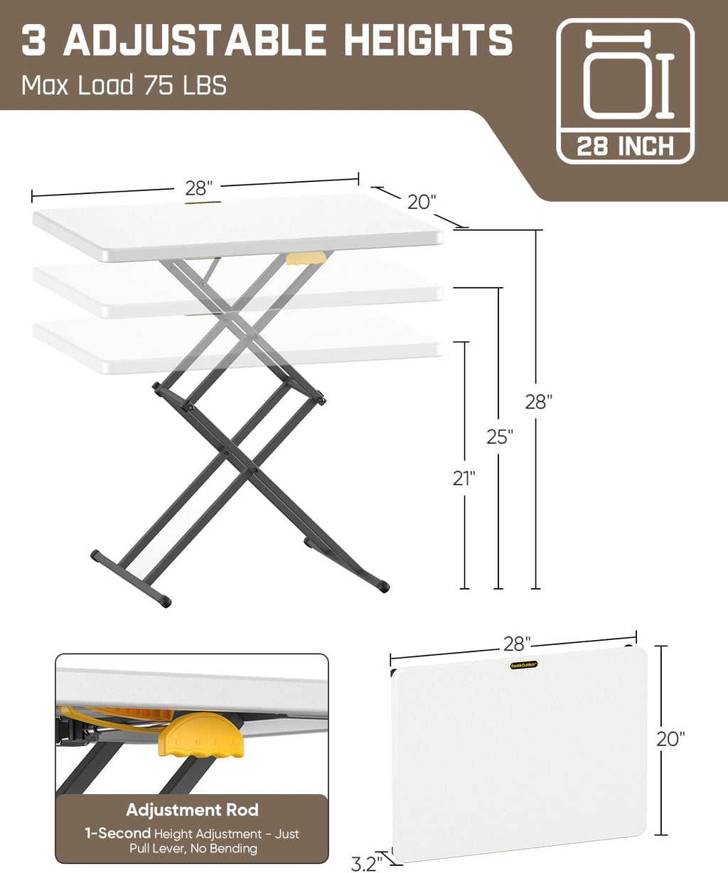 FanttikOutdoor 28 inch Small Folding Table, One-Hand Height Adjustment, 3 Heights, Lowering Lever, Instalift, Portable Side Table for Tv Tray, Dining, Kitchen, No Assembly, Granite White Zeta X1 Apex