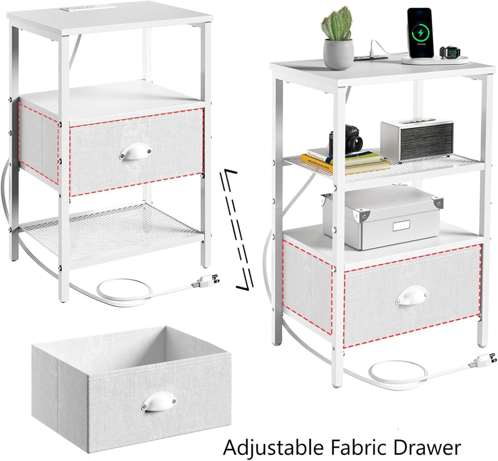 sthmec Nightstands Set of 2, LED Bedside Tables with Charging Station and Fabric Drawer, Night Stand with Storage, 3 Tier Side Table with Open Shelf, LED Nightstand with Charging Station, White