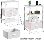 sthmec Nightstands Set of 2, LED Bedside Tables with Charging Station and Fabric Drawer, Night Stand with Storage, 3 Tier Side Table with Open Shelf, LED Nightstand with Charging Station, White