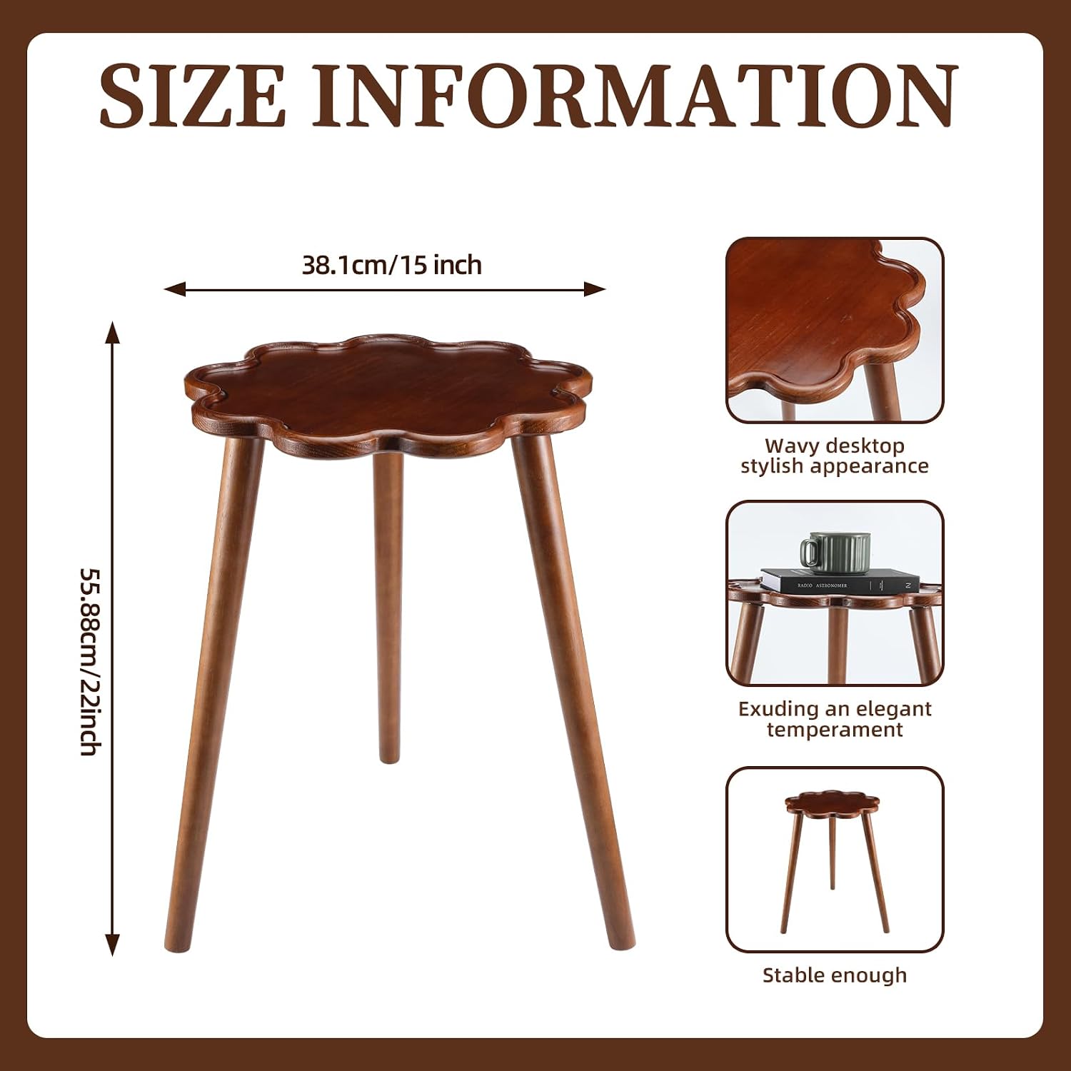 Chunful Modern Wooden Round Small Side Table 15" x 15" x 22" Brown Mid Century Solid Wood Martini End Table with Wavy Edge for Bedroom Nightstand or Living Room Accent Decor