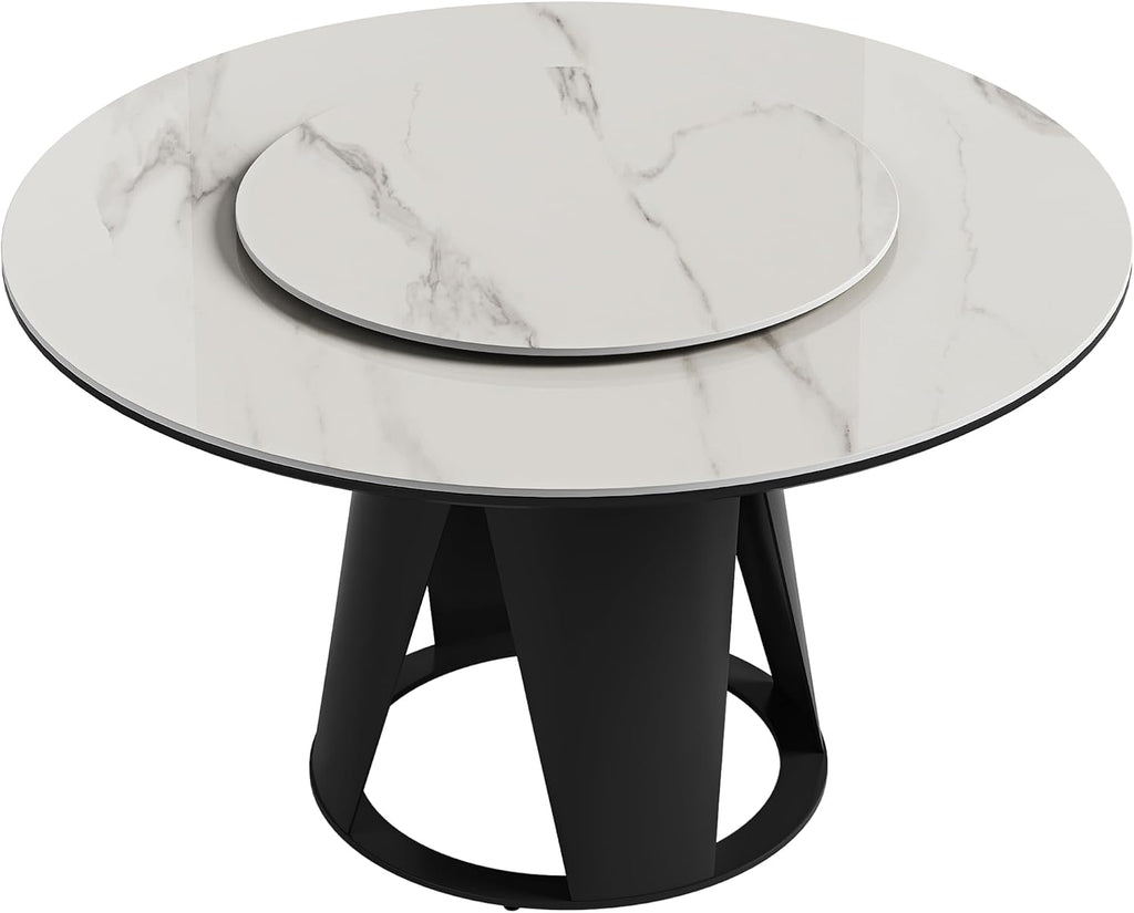 Montary 59" Modern Round Dining Table, Turntable Faux Marble Kitchen Table with Lazy Susan, Sintered Stone Tabletop Dining Room Table for 6-8 Person, with Black Metal Exquisite Pedestal