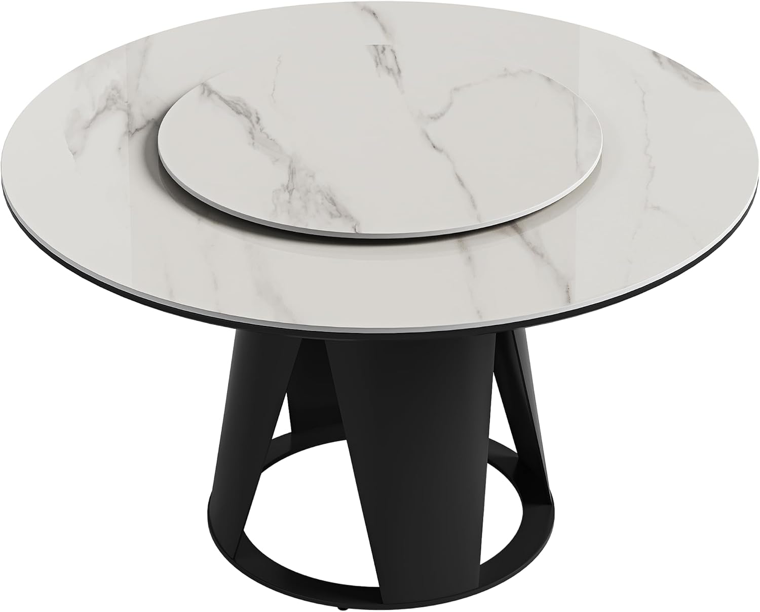 Montary 59" Modern Round Dining Table, Turntable Faux Marble Kitchen Table with Lazy Susan, Sintered Stone Tabletop Dining Room Table for 6-8 Person, with Black Metal Exquisite Pedestal