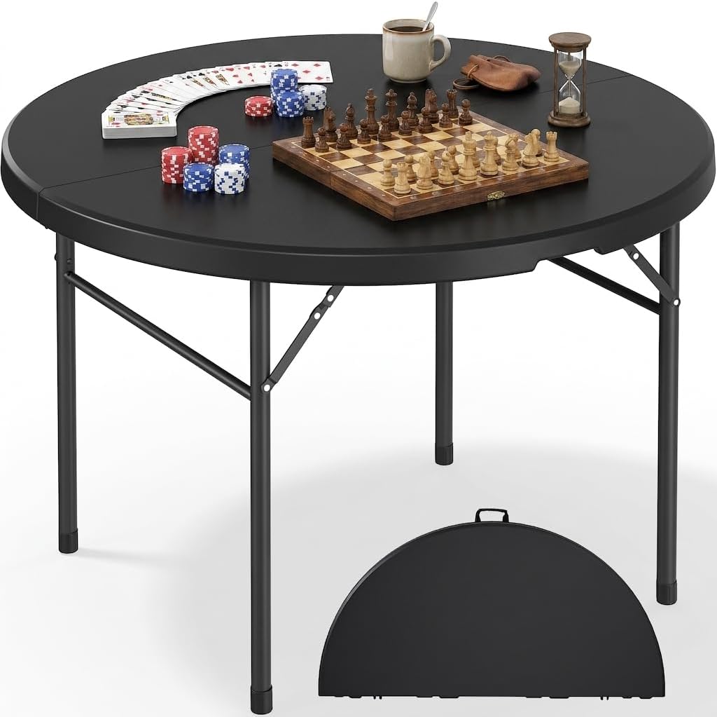 DWVO 48" Round Folding Table Black Heavy Duty Plastic Outdoor Indoor Portable Banquet Card Table with Thick Top and Strong Steel Frame for Picnic Camping Party Event Hosting Solutions