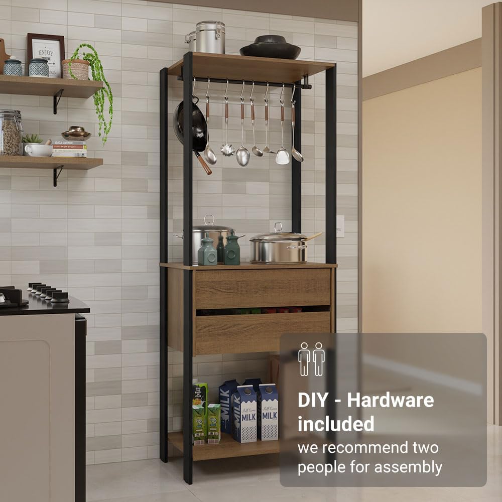 Madesa Kitchen Pantry Storage Rack 27" L with 2 Drawers and Hanging Space Multiuse Cabinet - Black/Brown