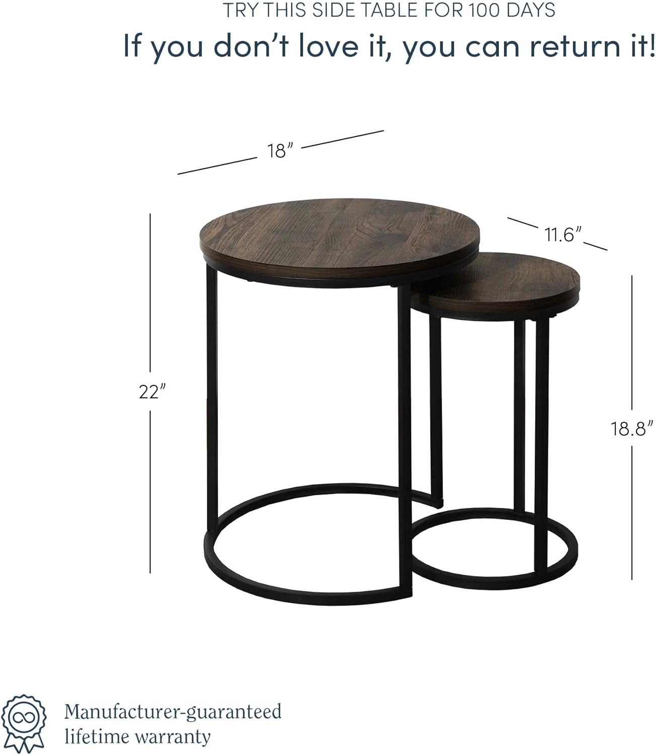 Nathan James Lula Nesting Round Side Set of 2, Accent End Table for Living Room with Wood or Marble Finish Tabletop and Metal Base, Nutmeg/Black