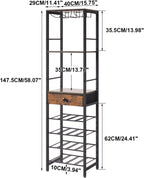 IBUYKE Wine Rack Freestanding Floor with Glass Holder,Brown TMJ905H | Bar Cabinet for Liquor and Glasses 4-Tier Coffee Bar Cabinet Glass Holder and Storage Drawer for Home Kitchen Living Room