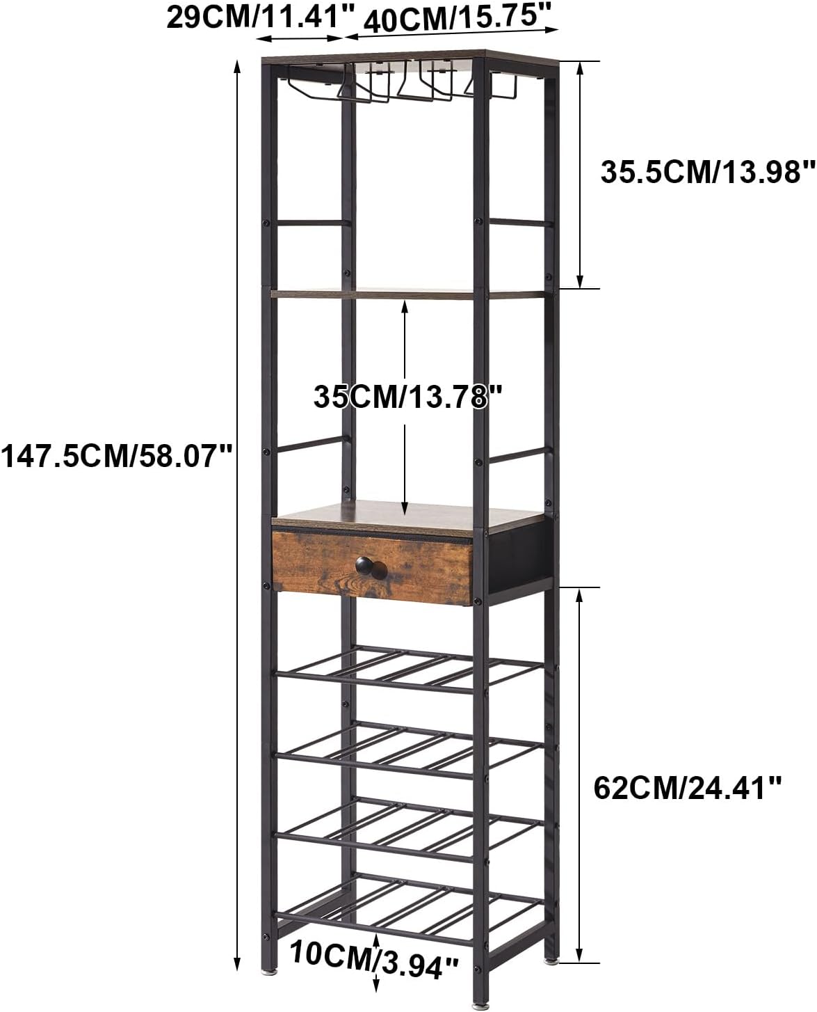 IBUYKE Wine Rack Freestanding Floor with Glass Holder,Brown TMJ905H | Bar Cabinet for Liquor and Glasses 4-Tier Coffee Bar Cabinet Glass Holder and Storage Drawer for Home Kitchen Living Room