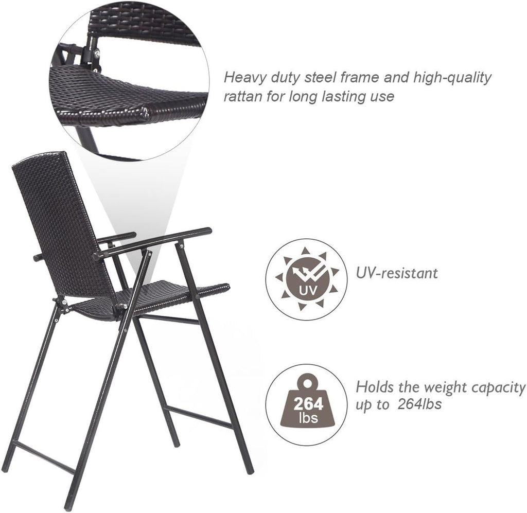 Tangkula 4 Piece Folding Patio Bar Chairs, Lightweight Portable Foldable Space Saving Wicker Bar Stools with Armrest & Footrest, for Lawn Patio Beach Garden Deck