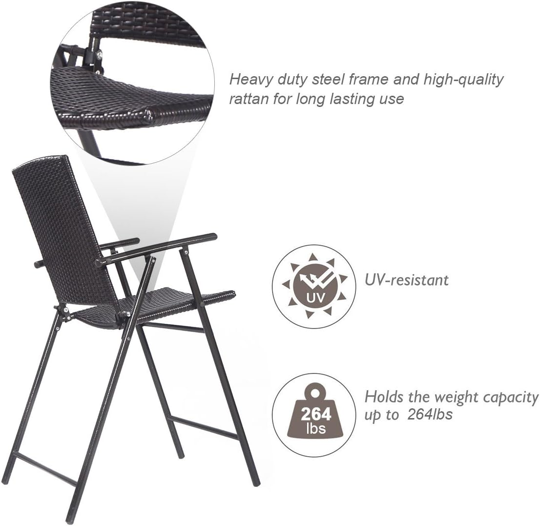 Tangkula 4 Piece Folding Patio Bar Chairs, Lightweight Portable Foldable Space Saving Wicker Bar Stools with Armrest & Footrest, for Lawn Patio Beach Garden Deck
