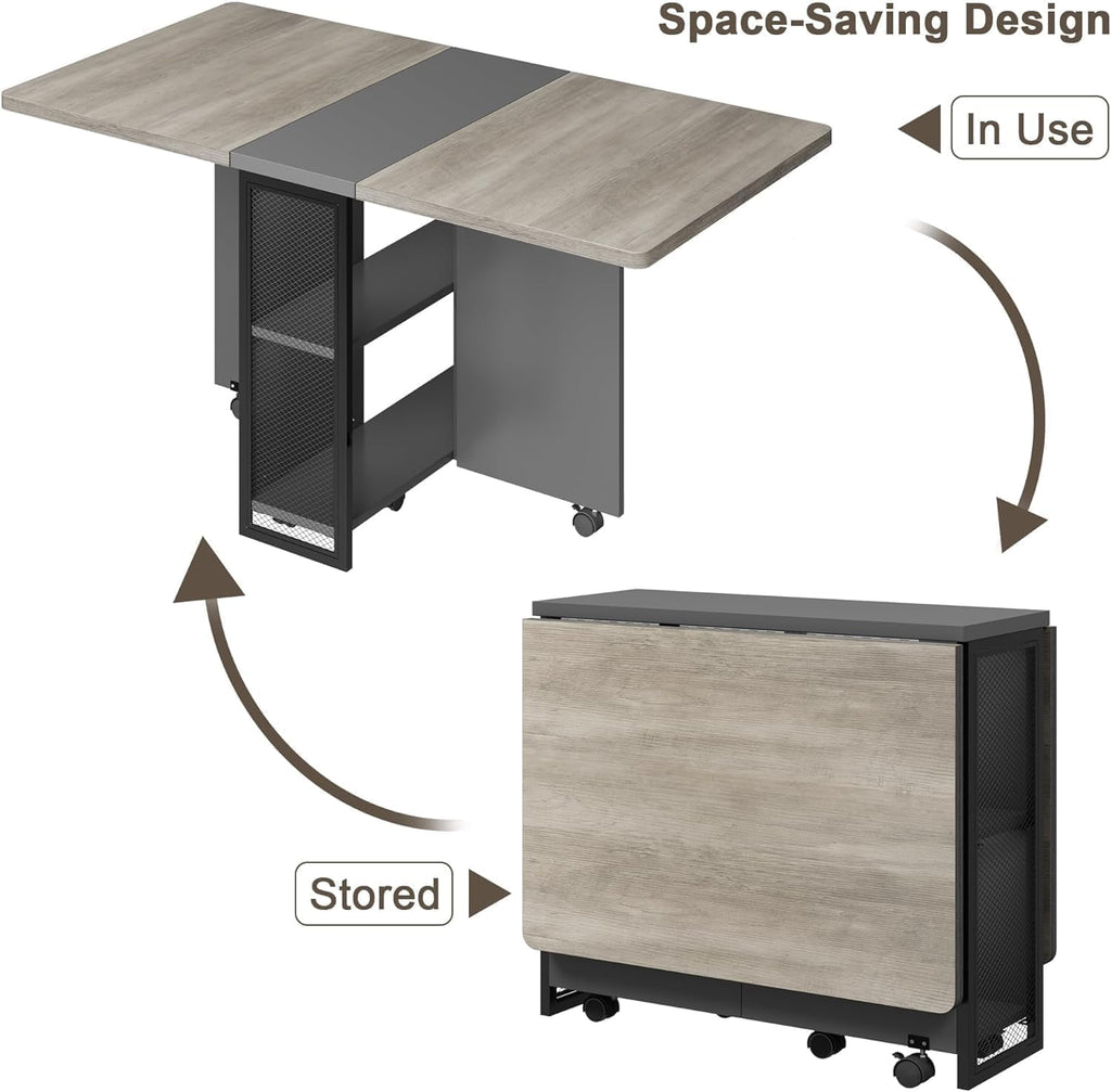 CABIHOME 50" Space Saving Folding Dining Table with 2 Tier Storage-Extendable Drop Leaf Farmhouse Kitchen Dining Room Tables Set for 4, Collapsible Expandable Rectangle, Grey