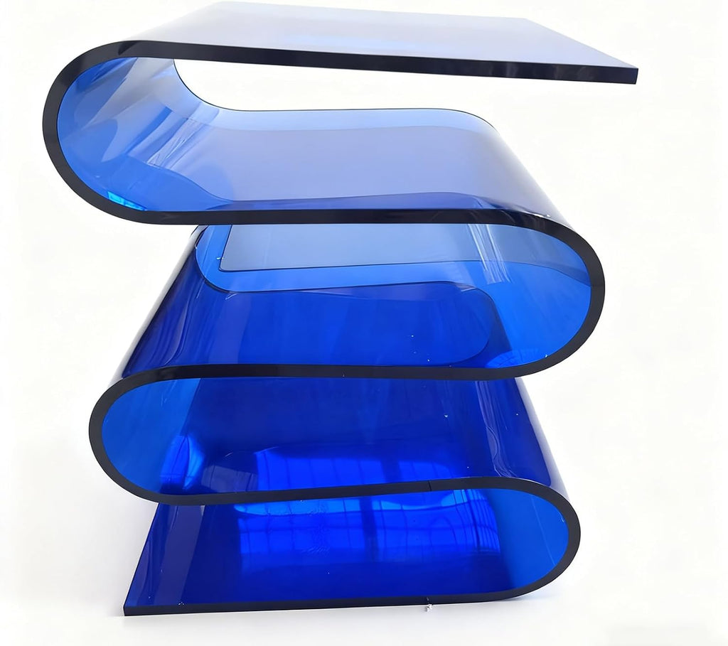 S-Shaped Acrylic Side Table with Magazine Bookshelf Modern Nightstand for Living Room Bedroom Study Office,Abstract,Home Decor,Sofa End Table,Couch,Accent Table(14.2″W×11.8″D×16.7″H, Blue)