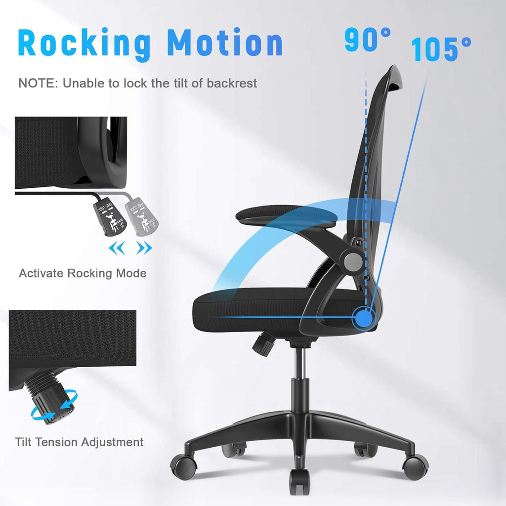 naspaluro Ergonomic Office Chair, Mid Back Desk Chairs with Adjustable Height, Swivel Chair with Flip-Up Arms and Lumbar Support, Breathable Mesh Computer Chair for Home/Study/Working, Dark Black