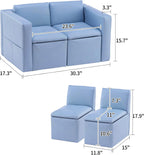 UNICOO Toddler Convertable Sofa, 2-in-1 Double Set Sofa Convert to Table & 2 Chairs, Toddler Lounge with Wooden Frame and Leather Surface, Childrens Couch Armrest Chair with Storage Box (Sky Blue)