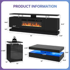 4-Piece Modern Living Room Table Set, Includes High Gloss 70" Fireplace TV Stand, 47" LED Coffee Table and 15" End Tables Set of 2 with Storage Drawers, Black