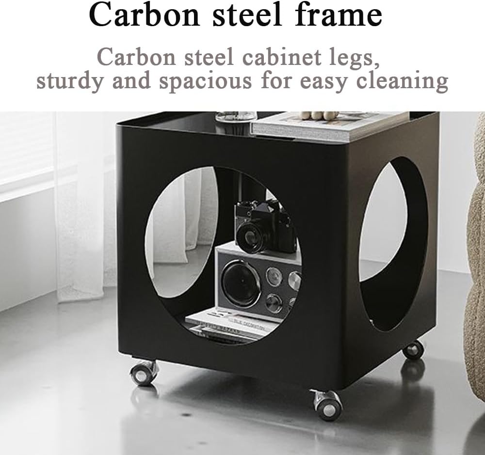 Rolling Side Table with Storage, Metal Frame Square Coffee Table, Mobile Nightstand with Glass Top, Minimalist End Table for Bedroom, Living Room(White)