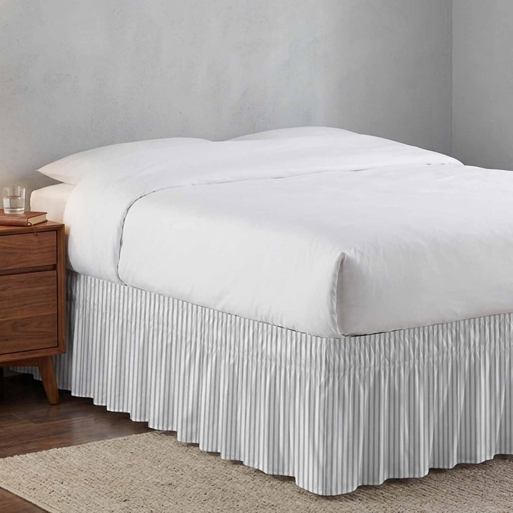 Grey Vertical Striped Bed Skirt Queen Size 16 Inch Drop, Adjustable & Elastic Wrap Around Bed Skirts Pleated Luxury Dust Ruffles for Twin Full Queen Cal King Base Bed, Farmhouse Thin Line Stripes