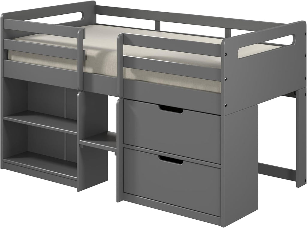Grey Twin Loft Bed with Built in Drawers and Bookshelf